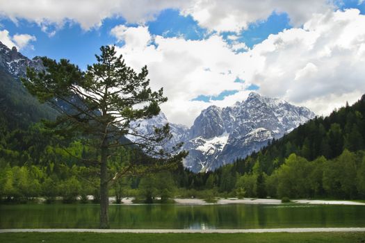 Panoramic view of the Jasna Lake and Slovenian Alps