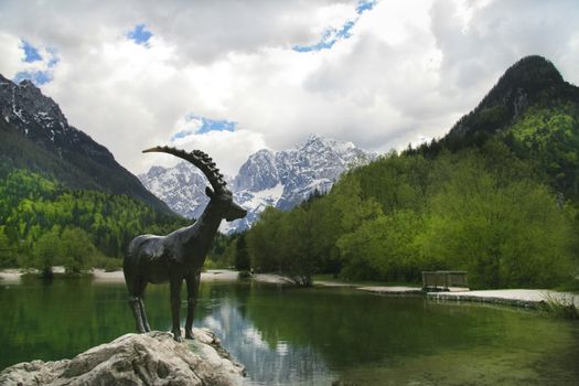 Panoramic view of the Jasna Lake and Slovenian Alps