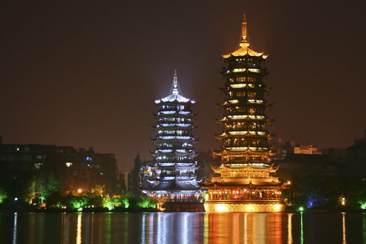 Chines pagodas in city park in Guilin.