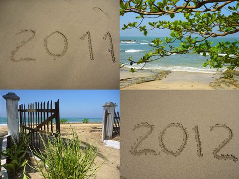Collage of summer beach images - nature and travel background. The welcome of the new year 