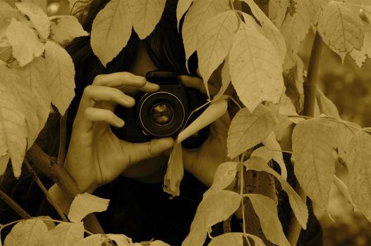 Photographer hiding through the leaves