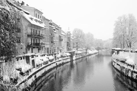 Snowing in Ljublana's historical city centre