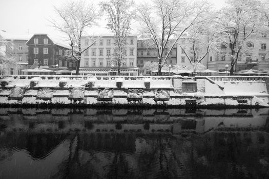 Snowing in Ljublana's historical city centre