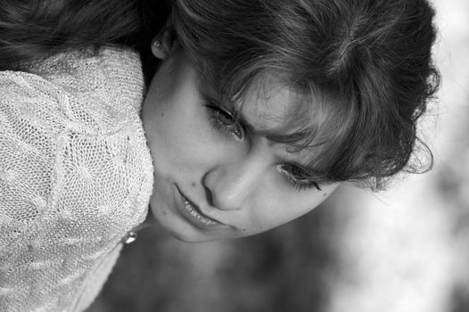 Sad thoughtful girl in black and white