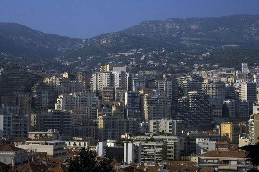 View from the coast on the overladen village in Monaco