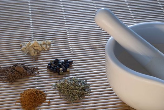 a pestle and mortar with a selection of ground spices, coriander, chilli, pepper, and cumin