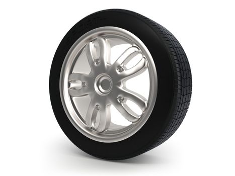 3d scene car wheel with chromed by disk on white background