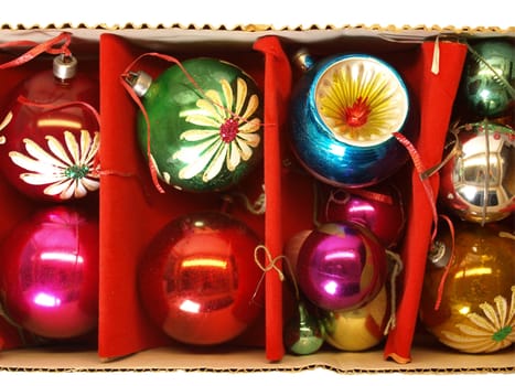 Box of baubles for Christmas tree decoration