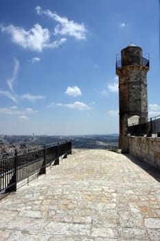 View at the old mosque and a synagogue and monastery next to Jerusalem