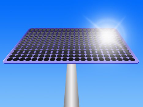 large solar panel with a reflection of the sun. view from below and the sky background
