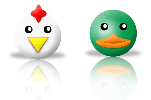 animals icons - chicken and duck. white background and reflection
