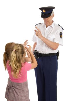 two little girls are showing disrespecfull behavior towards a dutch police officer on white
