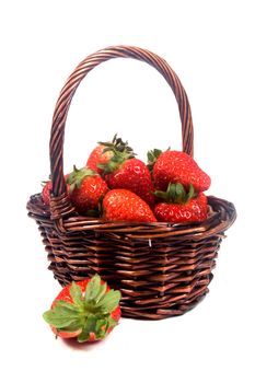 Closeup of strawberries in a basket on a white background

