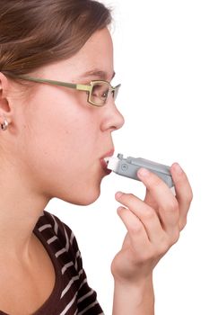 The woman uses a medicine for an asthma