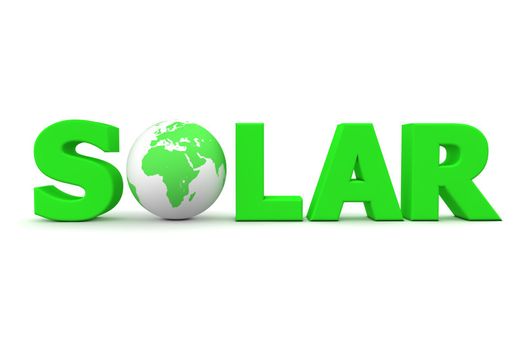 green word Solar with 3D globe replacing letter O
