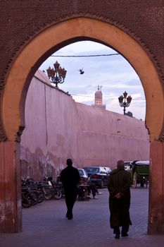 Marrakesh's kasbah entrance with the storks nesting on the wall.