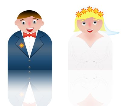 people icons of married couple. white background and reflection
