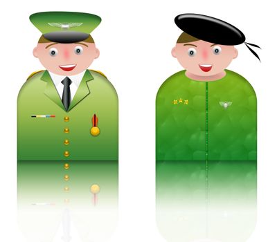 people icons of two soldiers in uniform. white background and reflection
