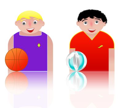 people icons sport - basket and volleyball. white background and reflection
