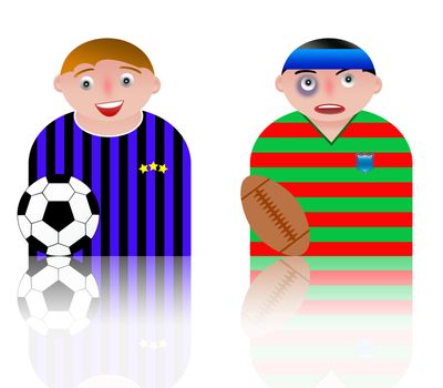 people icons sport - football and rugby. white background and reflection

