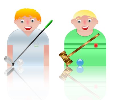 people icons sport - golf and cricket. white background and reflection
