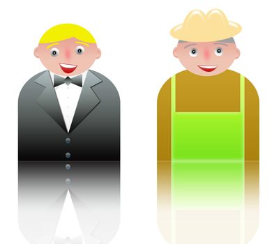 people icons of waiter and farmer. white background and reflection
