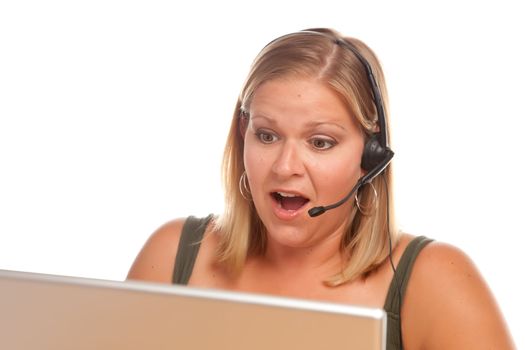 Attractive Shocked Businesswoman Talks on Her Phone Headset.