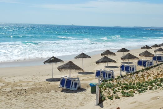 beautiful beach scene with coconuts and relaxing area