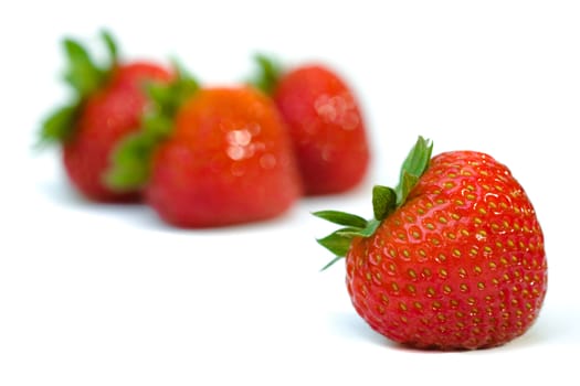 Strawberries on white background. Front strawberry is sharp detail and three strawberries at the background are out of focus