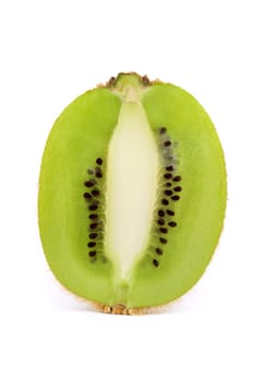 A vertically sliced kiwi fruit isolated on a white background