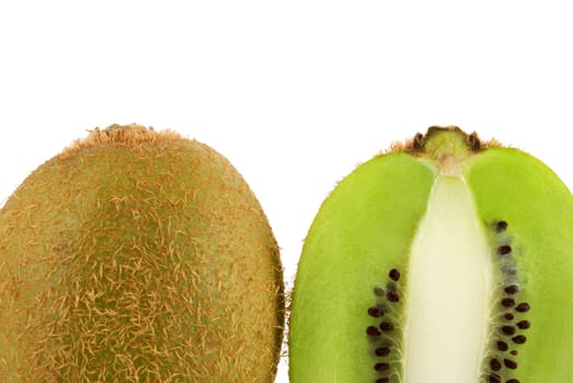 A vertically sliced kiwi fruit isolated on a white background