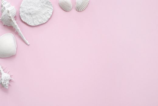 White seashells presented on a pink sheet of paper offering a framing format