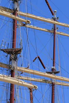 Rigging of big sailing ship against the blue sky background

