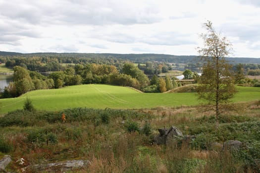 Scene from an old Norwegian farm with acres and a river