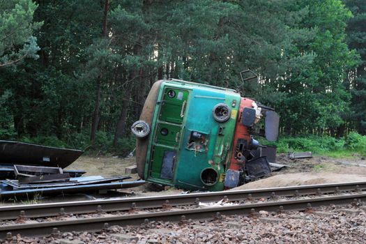 Fatal train crash. Fast train smashed the lorry on the railway crossing, locomotive had derailed.
