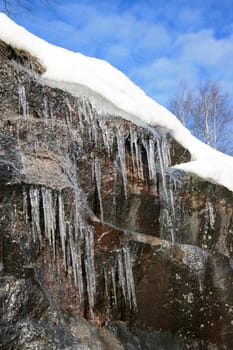 The sun melting the snow forming icicles