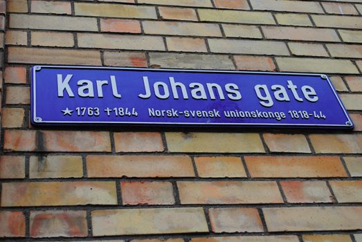 Street sign of the main shopping street in Oslo: Karl Johan's street.