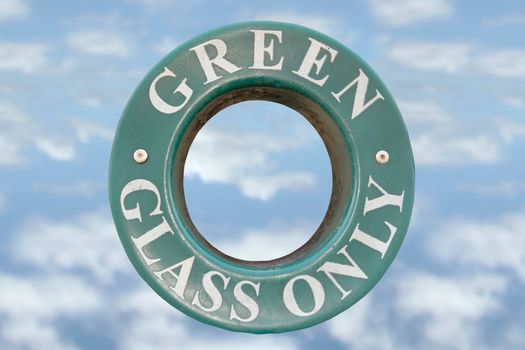 a bin sign for recycling green glass only with cloudy background