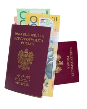 red passport, Australian money, isolated on white.