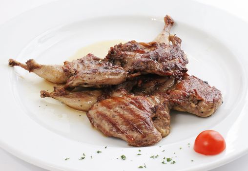 close-up grilled meat with cherry tomato