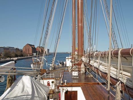 COPENHAGEN - APR 10: Top deck of Spanish Navy Training Ship "Juan Sebastian de El Cano" with 52 midshipmen on board and is open to visitors during the visit on April 10, 2011 in Copenhagen, Denmark.
