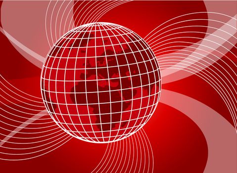 illustration of an abstract red background with swirls and globe
