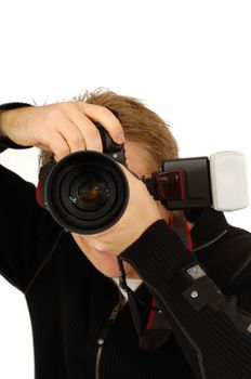 Photographer with camera and flash. Taken on a clean white background.