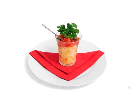 Egg salad with mayonnaise and tomatoes, capers in a glass (Shota)