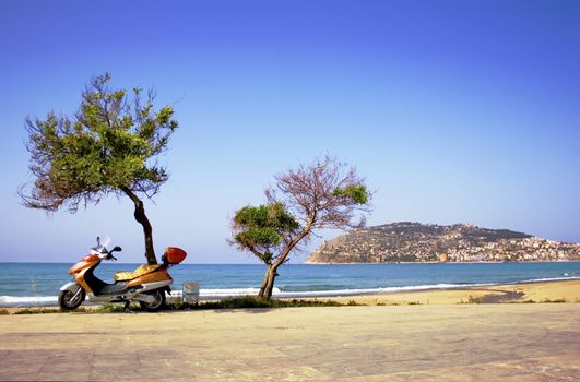 Alanya peninsula view from  beach with oldest piratic fortress.