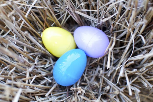 A nest holds three colorful plastic easter eggs.