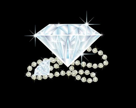 illustration of two big diamonds and a pearl necklace