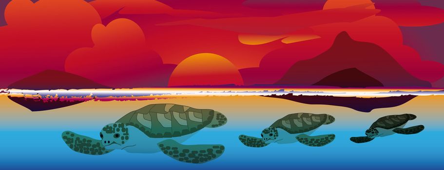 three sea turtles swimming at a colorful sunset