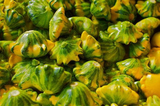 a sea of green and yellow flying saucer squash at the Farmer's market