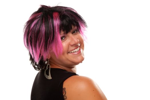 Pink And Black Haired Girl Portrait Isolated on a White Background.